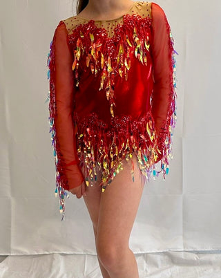 Red Detailed One Piece with Mesh Sleeves
