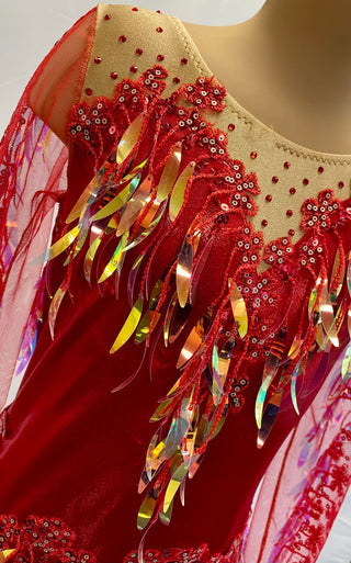 Red Detailed One Piece with Mesh Sleeves