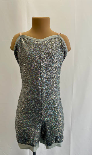 Silver Sequin Unitard with Grey Mesh Overlay