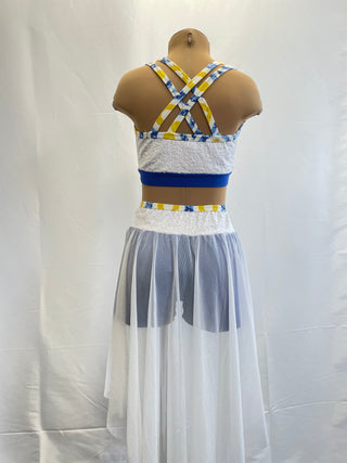 Two Piece Yellow, Blue And White Costume